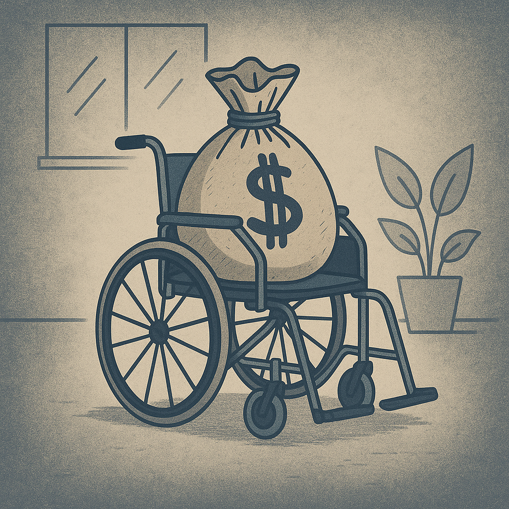 Illustration av en tom manuell rullstol i ett inomhusrum. I sitsen ligger en stor pengapåse med symbolen för svenska kronor (kr) tryckt på framsidan. Bilden har en dämpad färgskala i blått och beige och saknar människor, vilket ger en allvarlig och symbolisk ton.